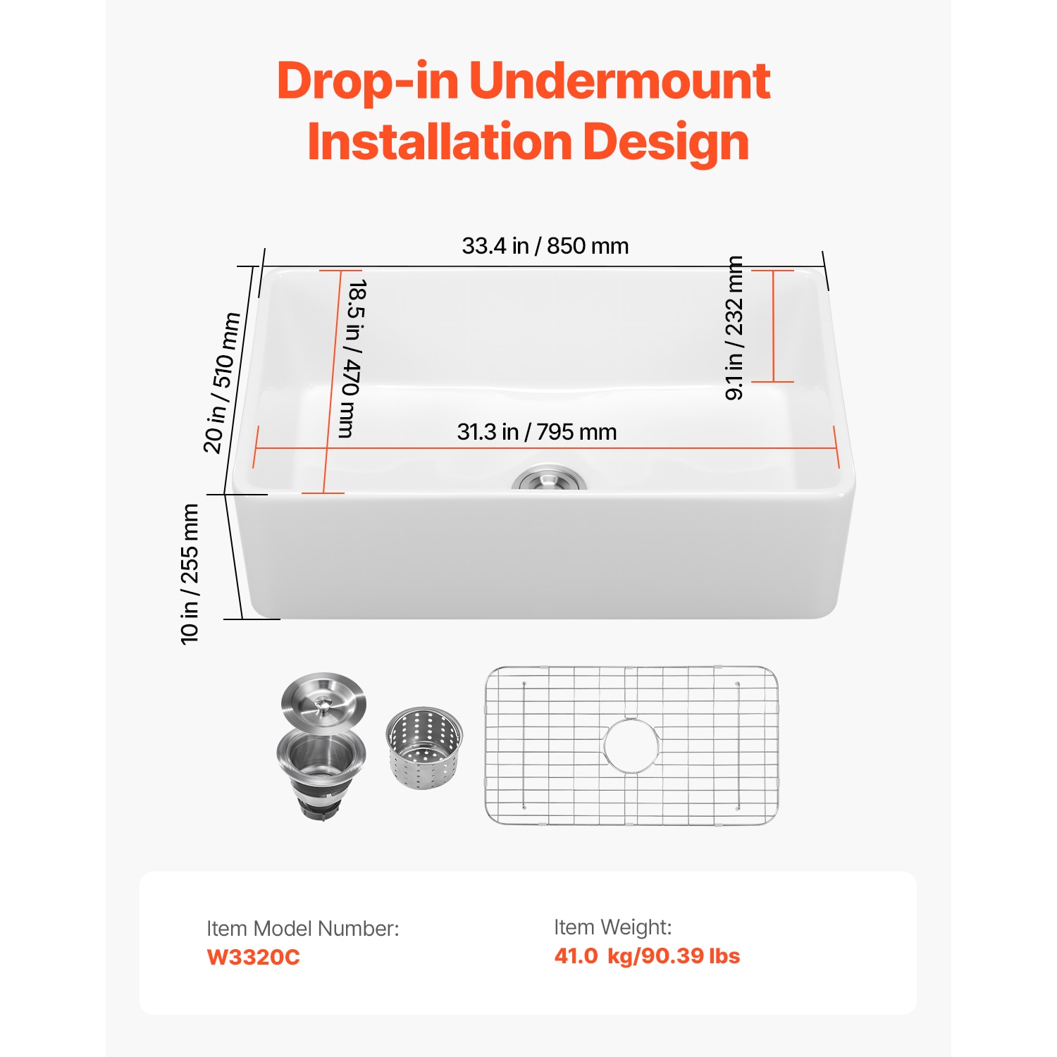 Farmhouse Sink Undermount Kitchen Single Bowl Fireclay White_voghion.com